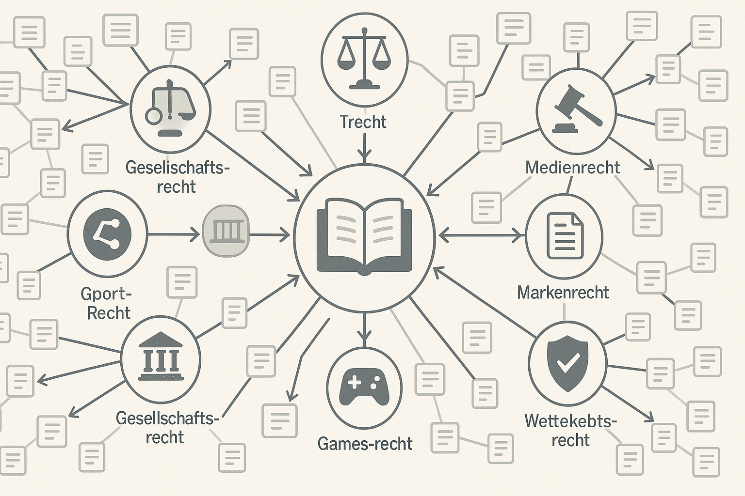 Illustration, die die intelligente Verlinkung von Rechtsgebieten und Blogposts innerhalb der Wissensdatenbank darstellt