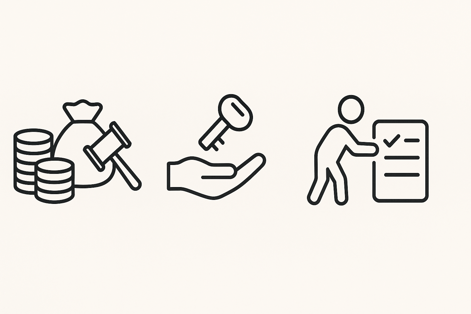 Illustration der drei Arten der Zwangsvollstreckung: Geldvollstreckung, Herausgabevollstreckung und Handlungsvollstreckung