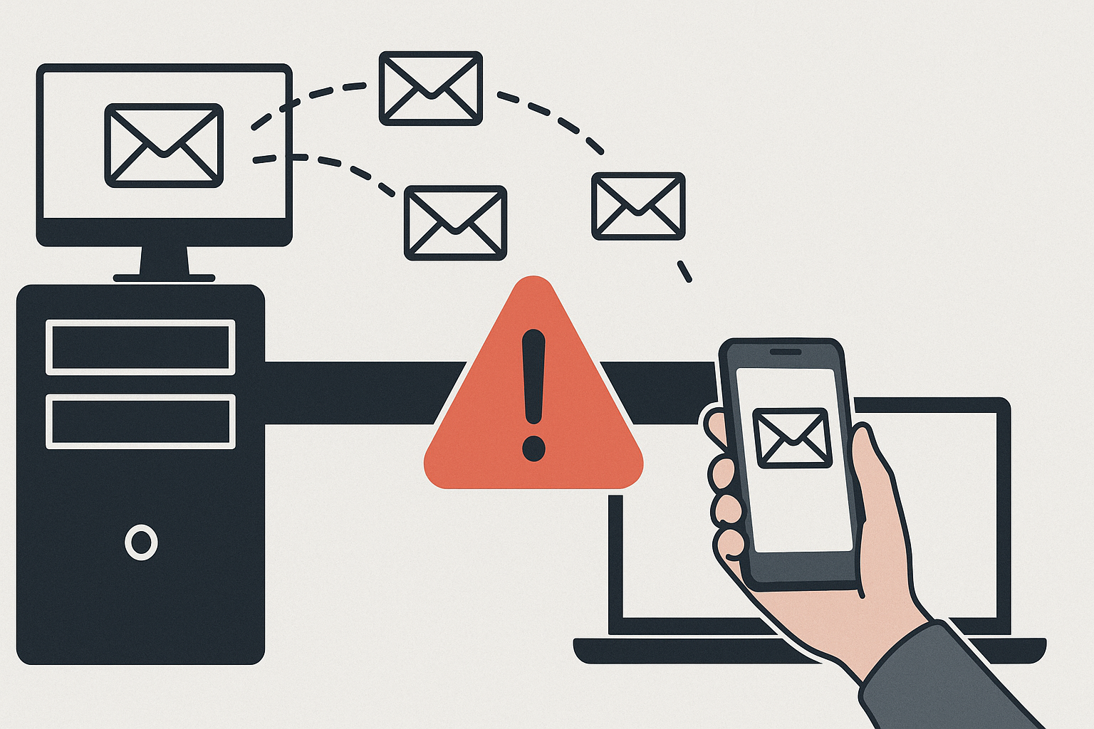 Illustration: Dienstliche E-Mails werden an private Adresse weitergeleitet, was einen Datenschutzverstoß darstellt.