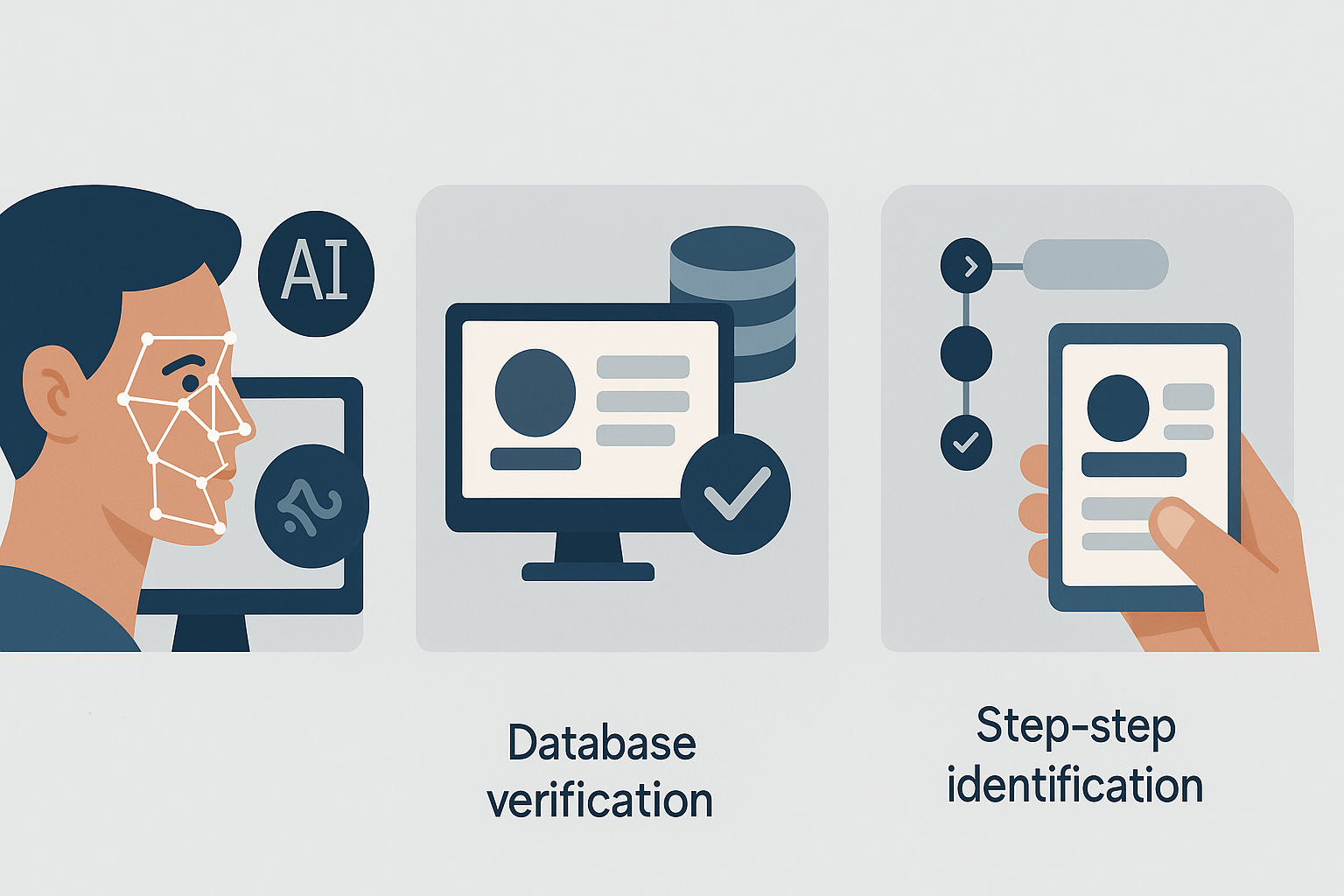 Infografik, die verschiedene Methoden der Altersverifikation darstellt: KI-Gesichtsscan, Datenbankabfrage und schrittweise Identitätsprüfung.