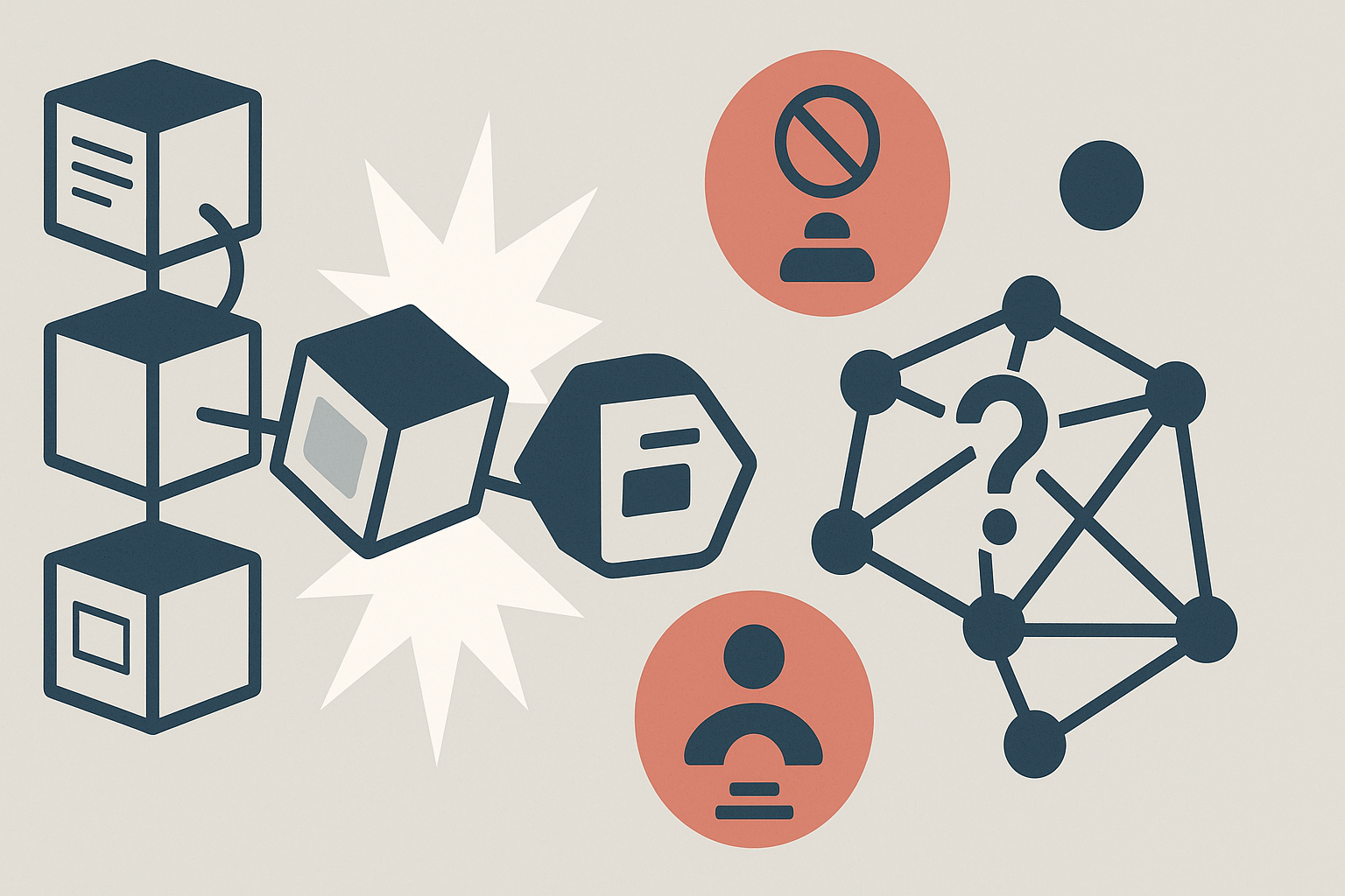 Illustration der datenschutzrechtlichen Konflikte bei Blockchain-Systemen (Löschrecht, Datenminimierung, Verantwortlichkeit)