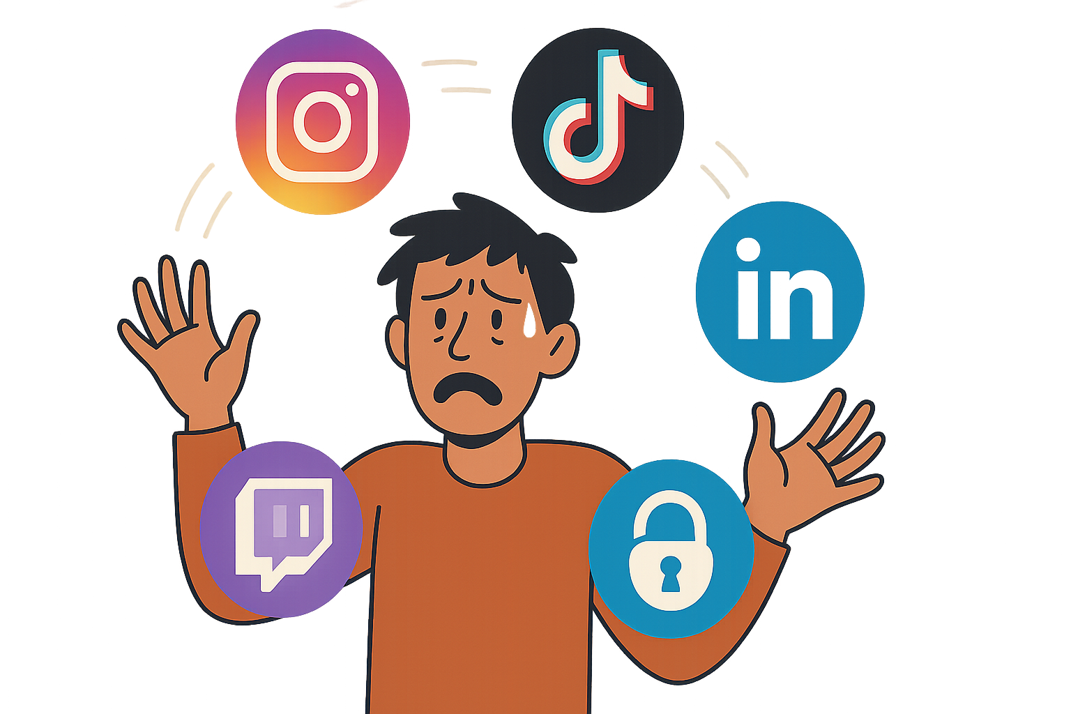 Illustration eines gestressten Influencers, der mehrere Social-Media-Plattform-Logos jongliert
