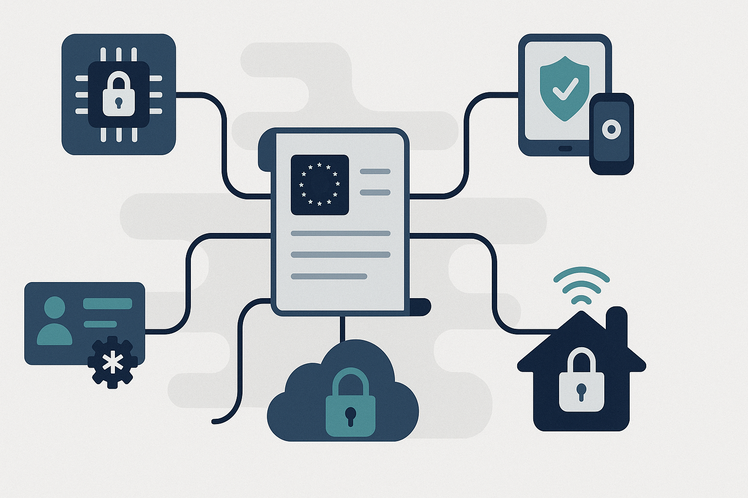Illustration der Auswirkungen der Cybersecurity-Verschärfung 2025 auf SaaS-Entwickler und App-Anbieter, mit Symbolen für API-Sicherheit, Datenschutz, Integritätsschutz, Authentifizierung, Cloud- und I