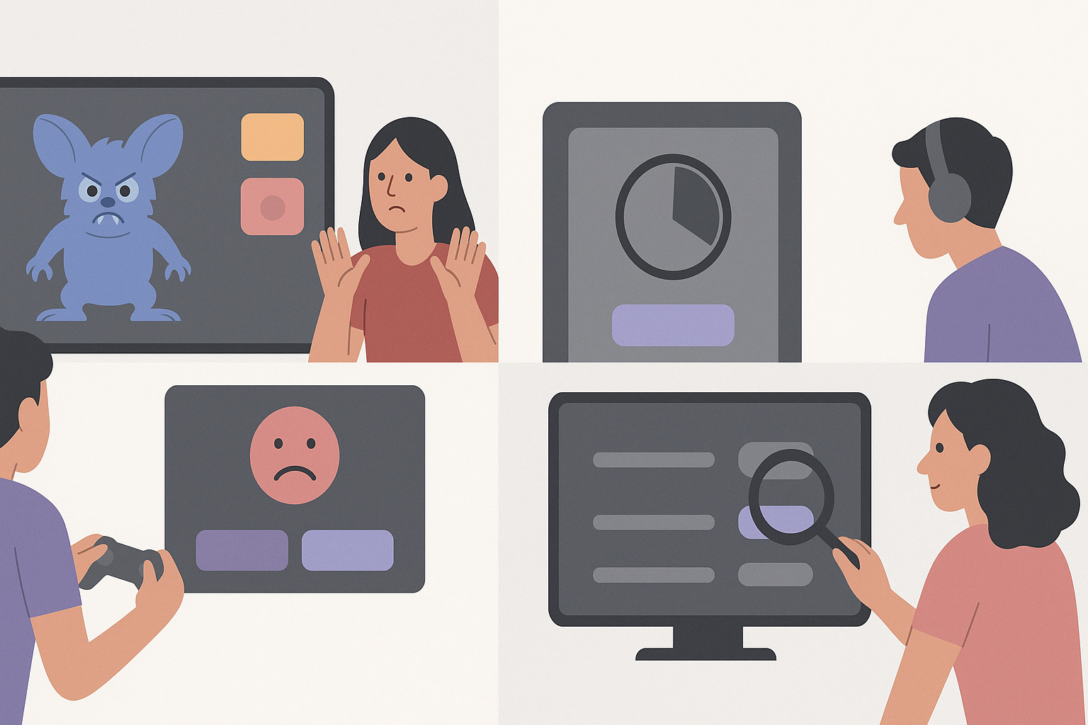 Illustration der verschiedenen Dark Pattern Typen: Roach Motels, Confirmshaming, FOMO, Privacy Zuckering