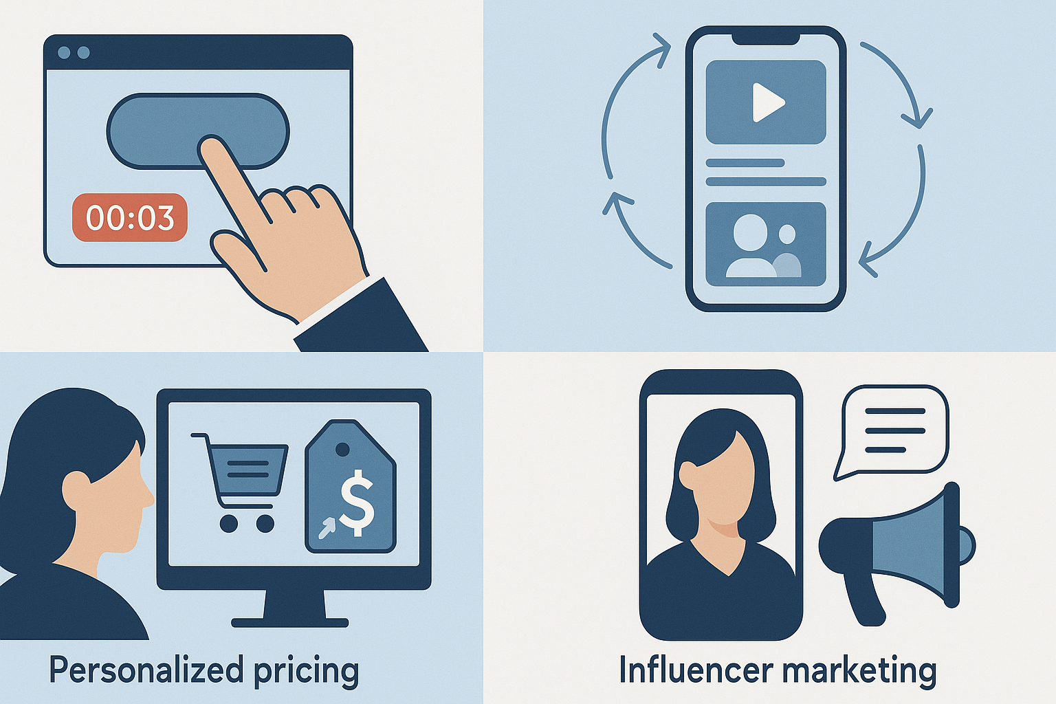 Grafik: Kernbereiche des Digital Fairness Act (DFA) – Dark Patterns, Addictive Design, personalisierte Preisgestaltung, Influencer-Marketing