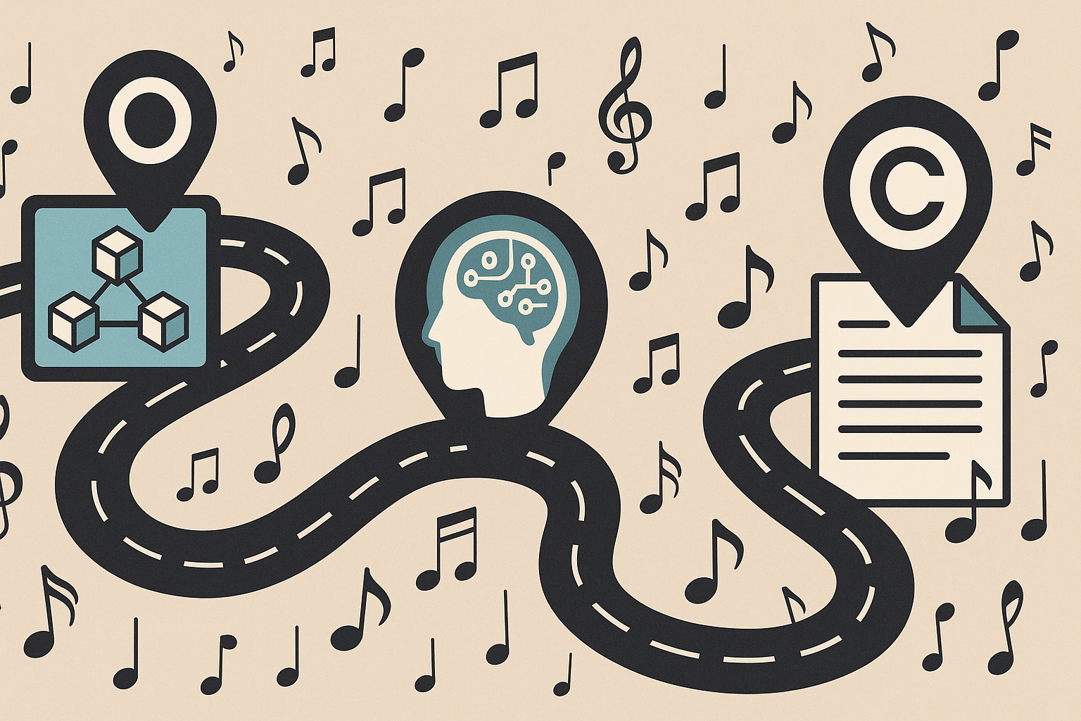 Eine illustrierte Roadmap mit musikalischen Symbolen, die verschiedene IT-Rechtsthemen wie Blockchain, KI und Urheberrecht als Stationen darstellt.