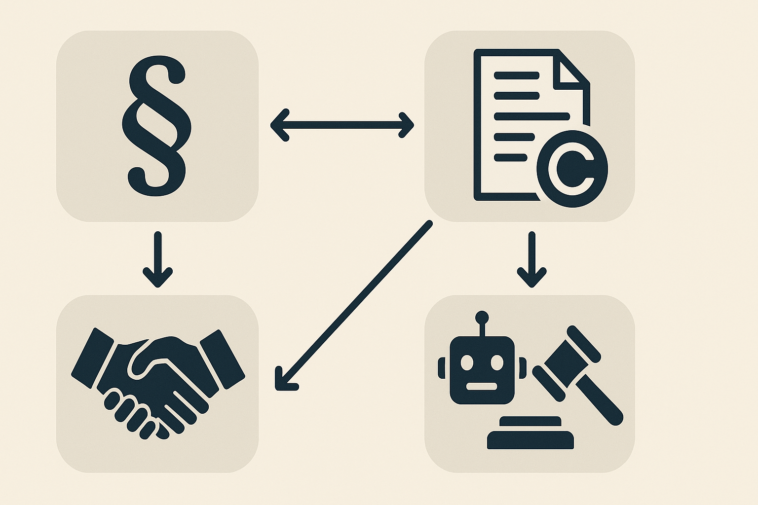 Illustration der verschiedenen Haftungsarten für Startups bei KI-generiertem Code: Deliktische, vertragliche, urheberrechtliche und Produkthaftung.