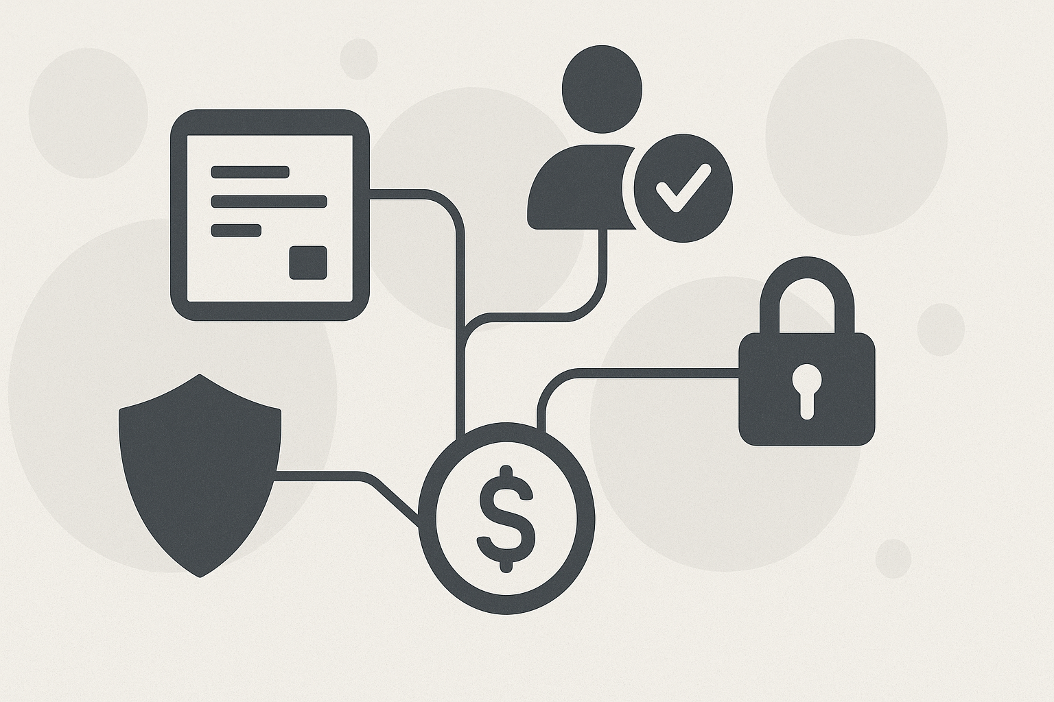 Illustration der Kernelemente eines Software-Lizenzvertrags: Lizenzgegenstand, Nutzungsrechte, Lizenzgebühren, Gewährleistung, Haftung, Geschäftsgeheimnisse.