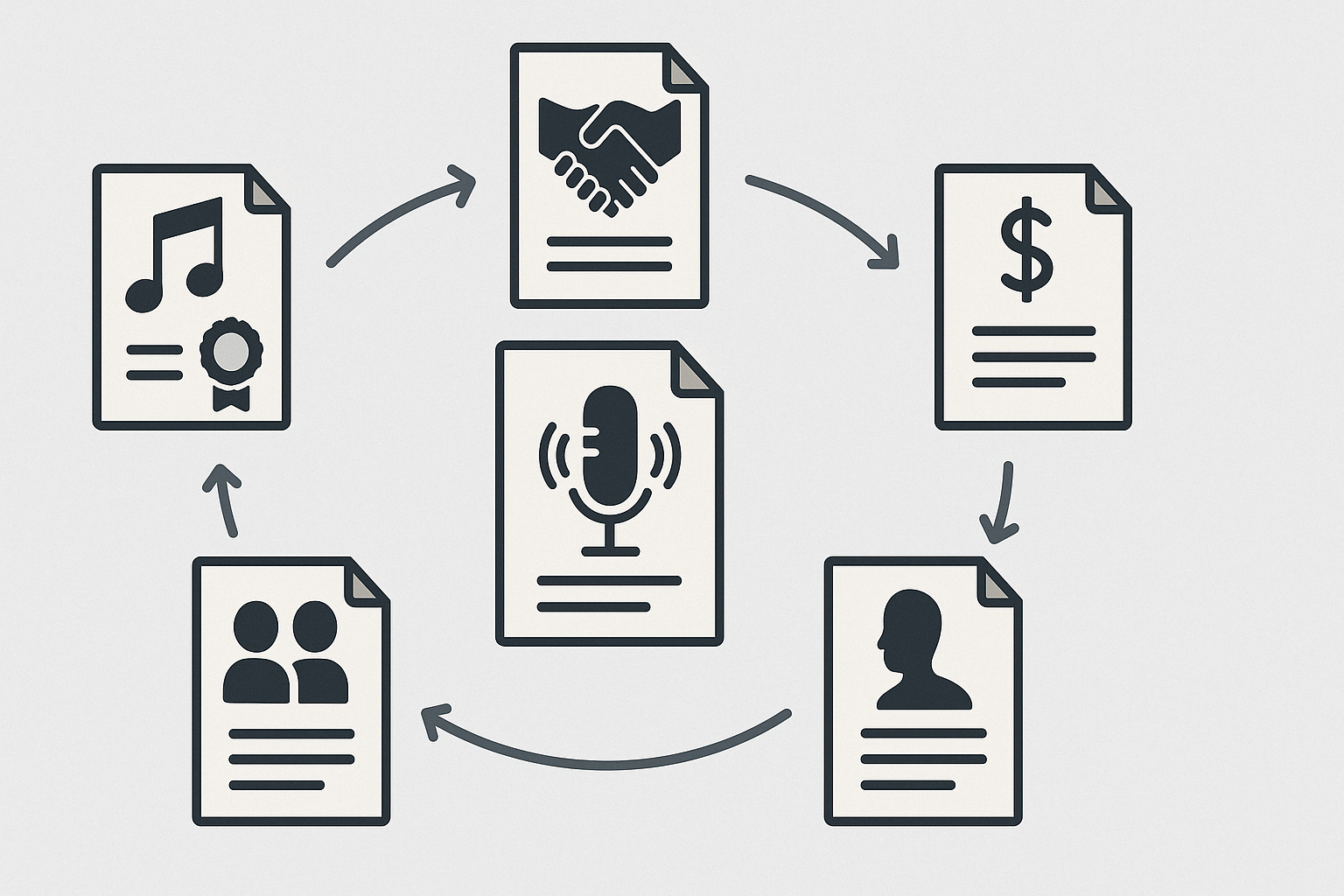 Infografik: Übersicht der Vertragstypen im Podcastbereich, wie Lizenzverträge, Sponsoring-Verträge, Kooperationsverträge, Agenturverträge und Teilnehmer-Verträge.