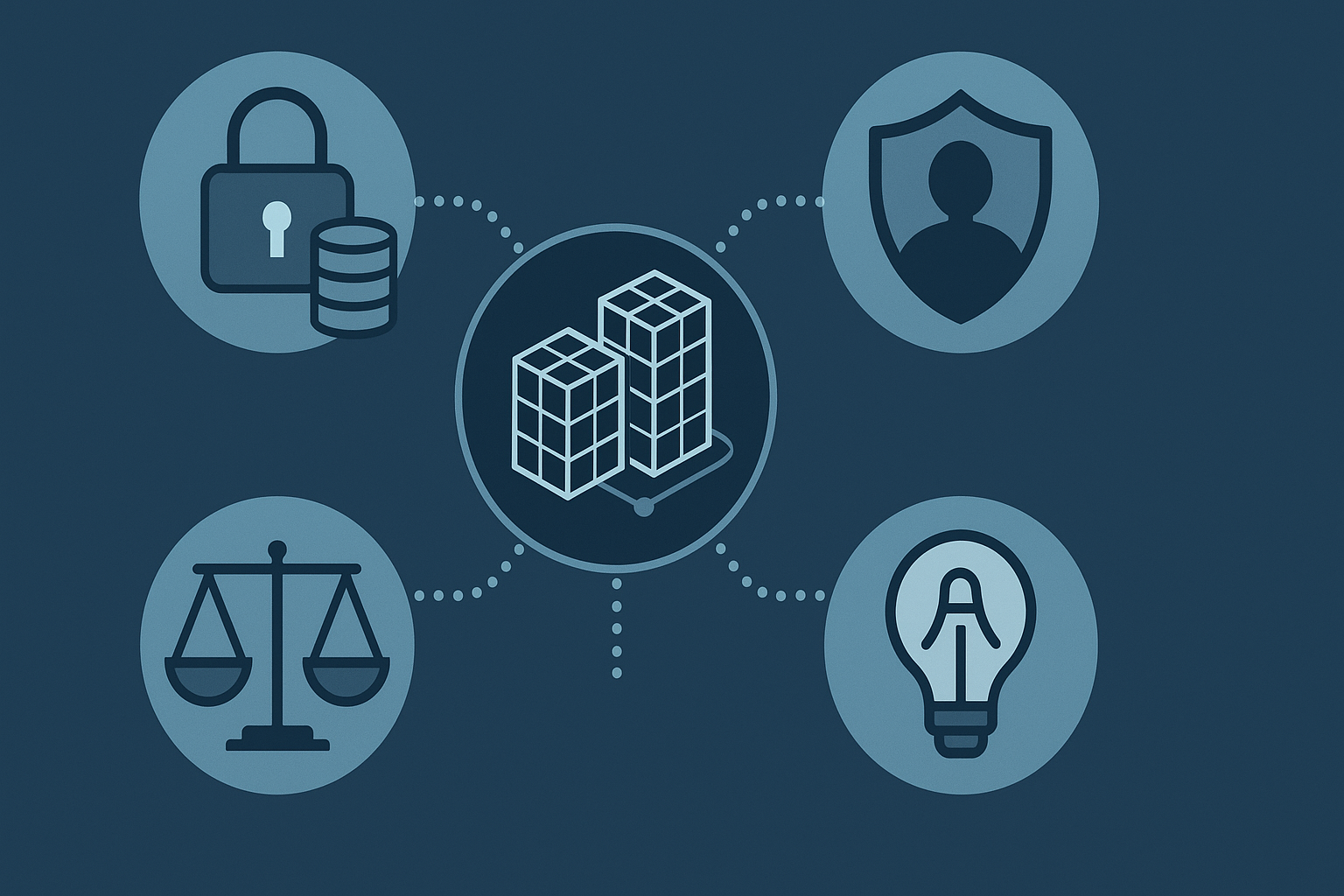 Infografik zu den Kernaspekten rechtlicher Herausforderungen bei Digital Twins: Dateneigentum, Datenschutz, Haftung, Geistiges Eigentum