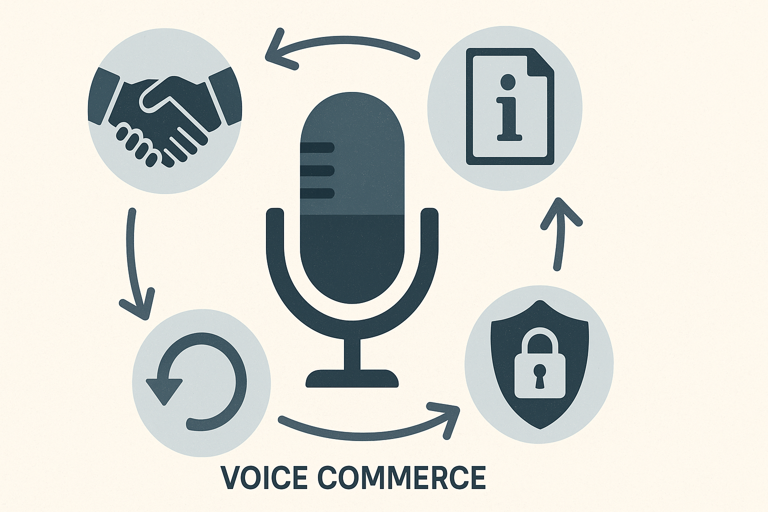 Illustration: Symbole für Vertrag, Information, Datenschutz und Widerrufsrecht, die sich um ein Mikrofon gruppieren, das Voice Commerce symbolisiert.