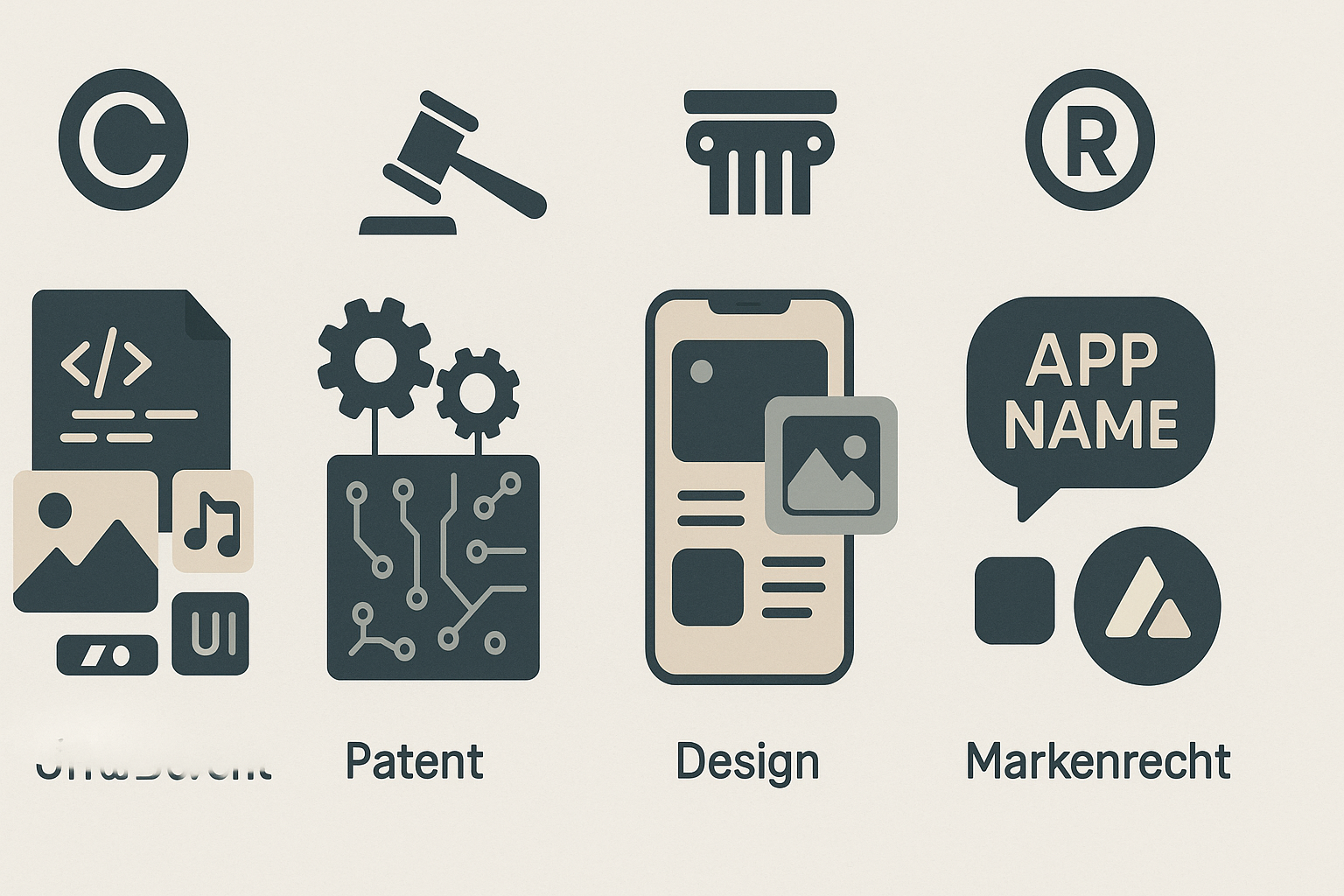 Infografik: Schutzrechte für Apps (Urheberrecht, Patentrecht, Designrecht, Markenrecht)