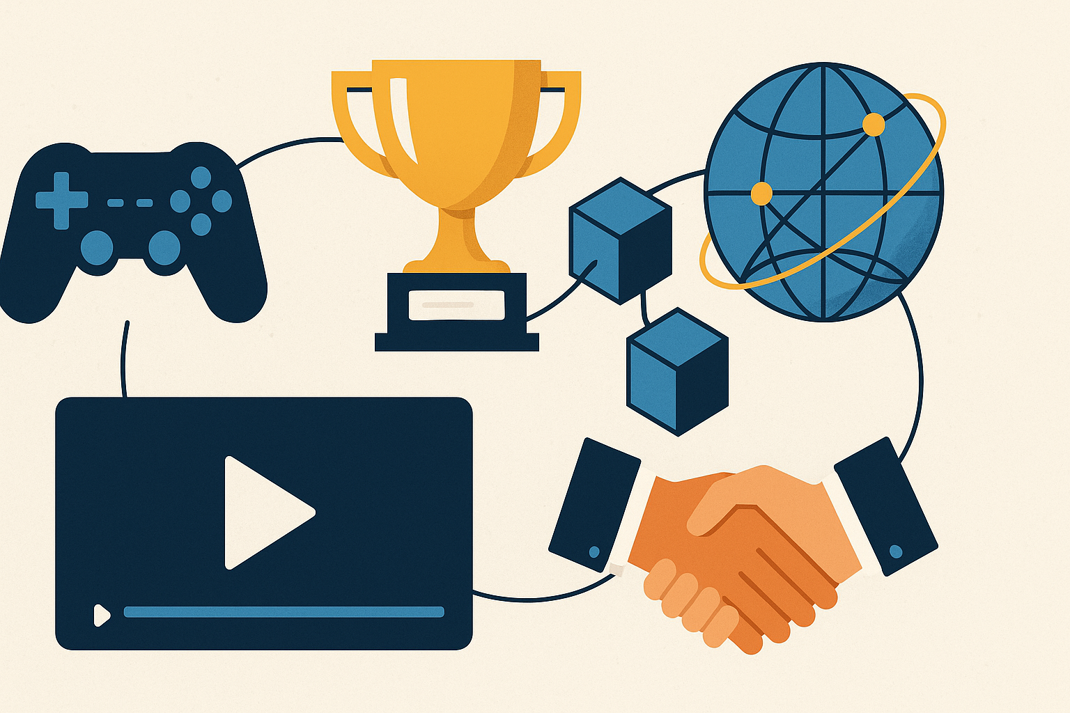 Illustration der Themen der Videoreihe: Gaming, E-Sport, Blockchain, internationale Mandanten, Unternehmensberatung