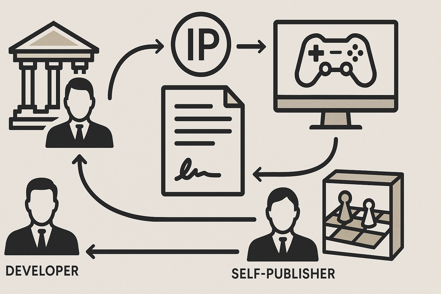 Diagramm der Rechteflüsse zwischen Publisher, Entwickler und Selbstverleger bei Brettspiel-Adaptionen