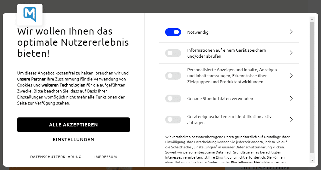 Bildschirmaufnahme eines Cookie-Banners mit prominentem Akzeptieren-Button und versteckter Ablehnoption über einen Schieberegler.