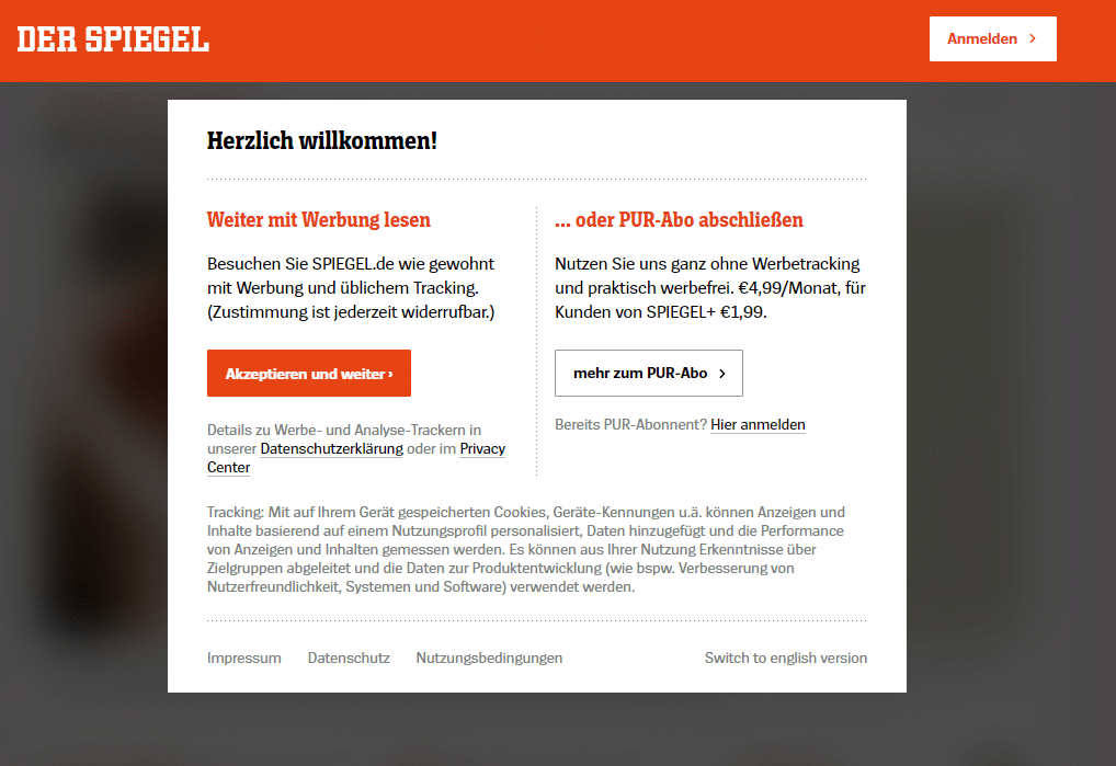 Beispiel eines Cookie-Banners, der ein kostenpflichtiges Abonnement für die Ablehnung von Cookies voraussetzt.
